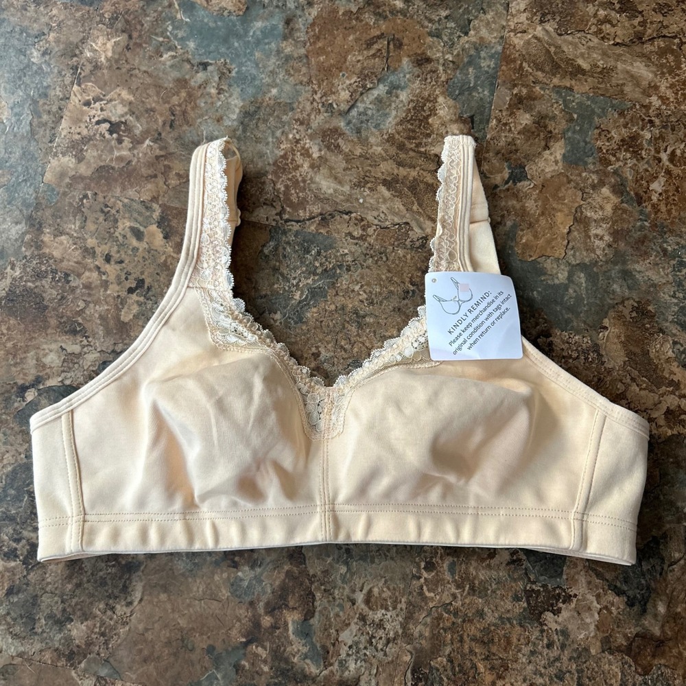 Unlined Wirefree Bra Womens Size 36B Beige Wireless Unpadded Back Closure